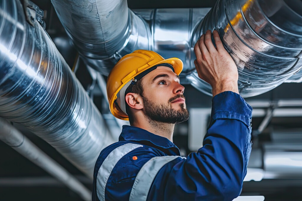 Technicien vérifiant l’installation d’un système de ventilation, garantissant une maintenance efficace des VMC dans les maisons du Var