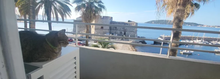 Cache groupe Décoclim blanc protégeant l’unité extérieure de climatisation sur un balcon à Toulon