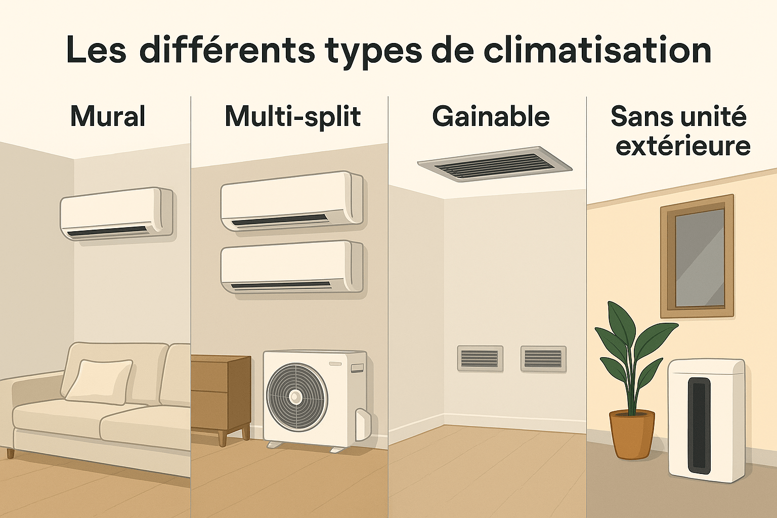 Comparatif des différents types de climatisation : mural, multi-split, gainable et sans unité extérieure – solutions Innovasun dans le Var
