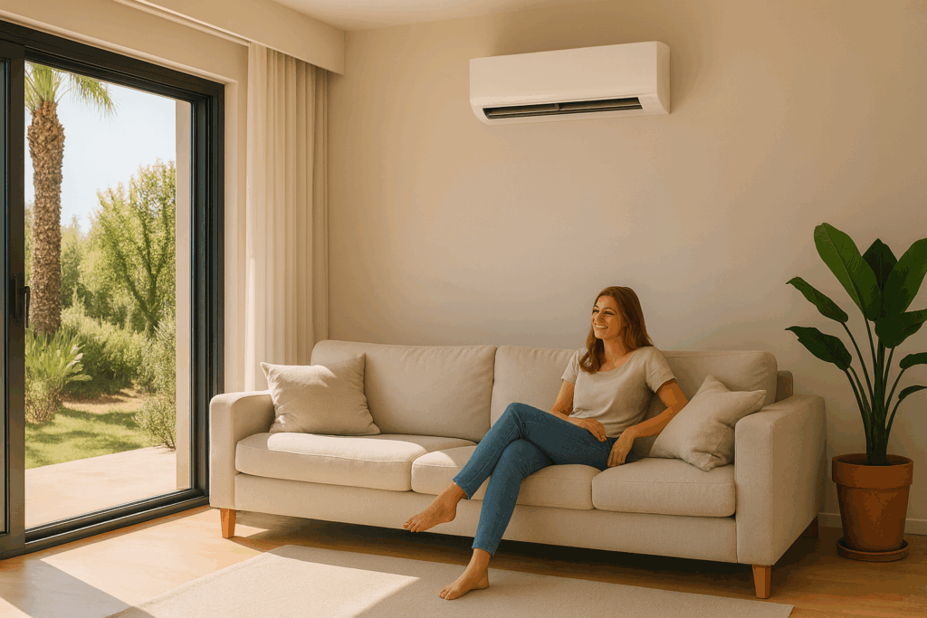 Femme détendue dans un salon équipé d’une climatisation réversible murale – Innovasun installateur RGE climatisation 2025 dans le Var à Toulon et Hyères