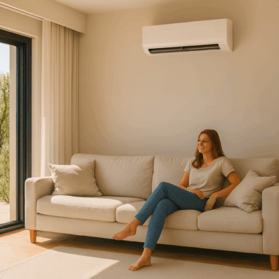 Femme détendue dans un salon équipé d’une climatisation réversible murale – Innovasun installateur RGE climatisation 2025 dans le Var à Toulon et Hyères