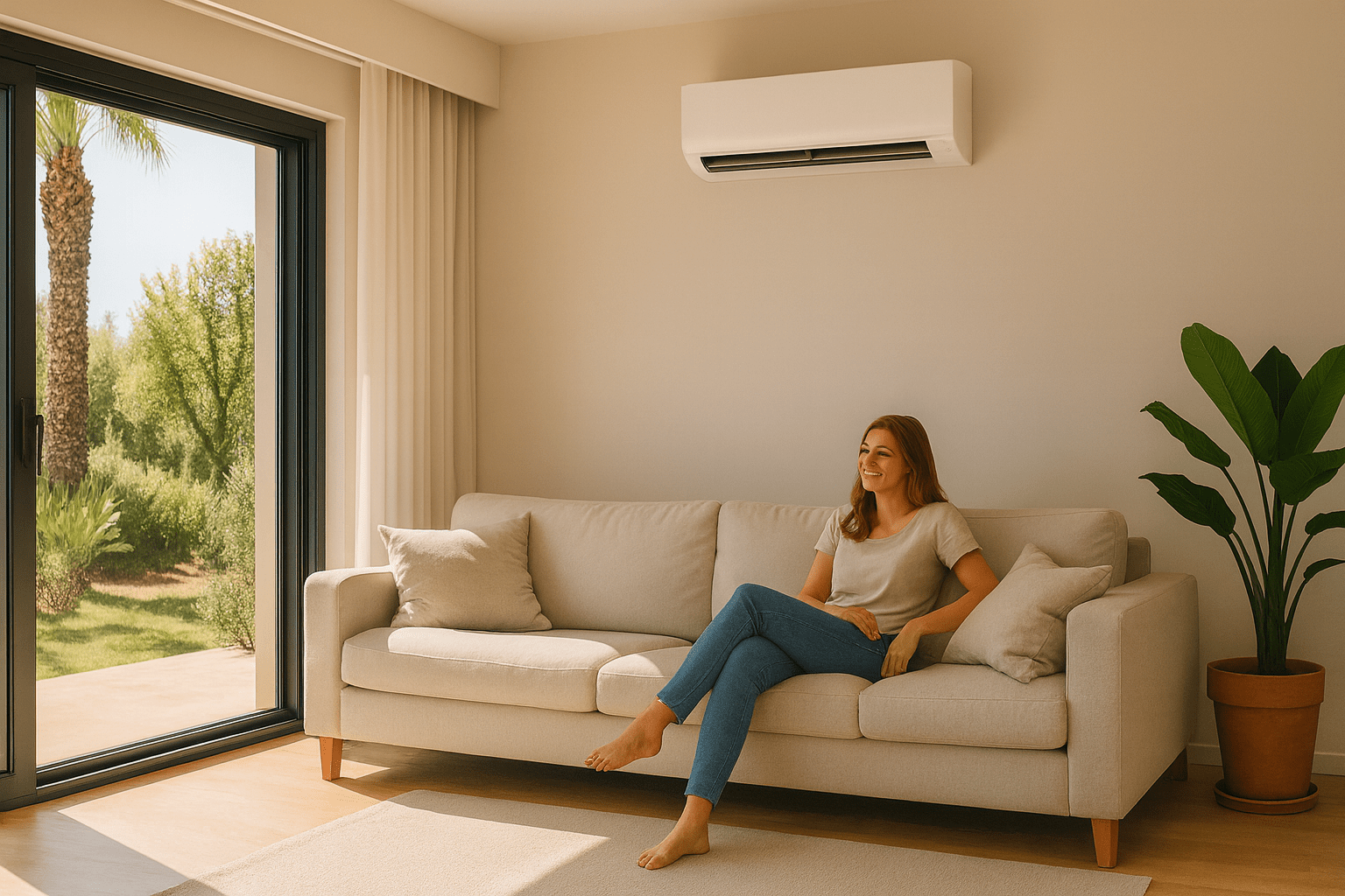 Femme détendue dans un salon équipé d’une climatisation réversible murale – Innovasun installateur RGE climatisation 2025 dans le Var à Toulon et Hyères