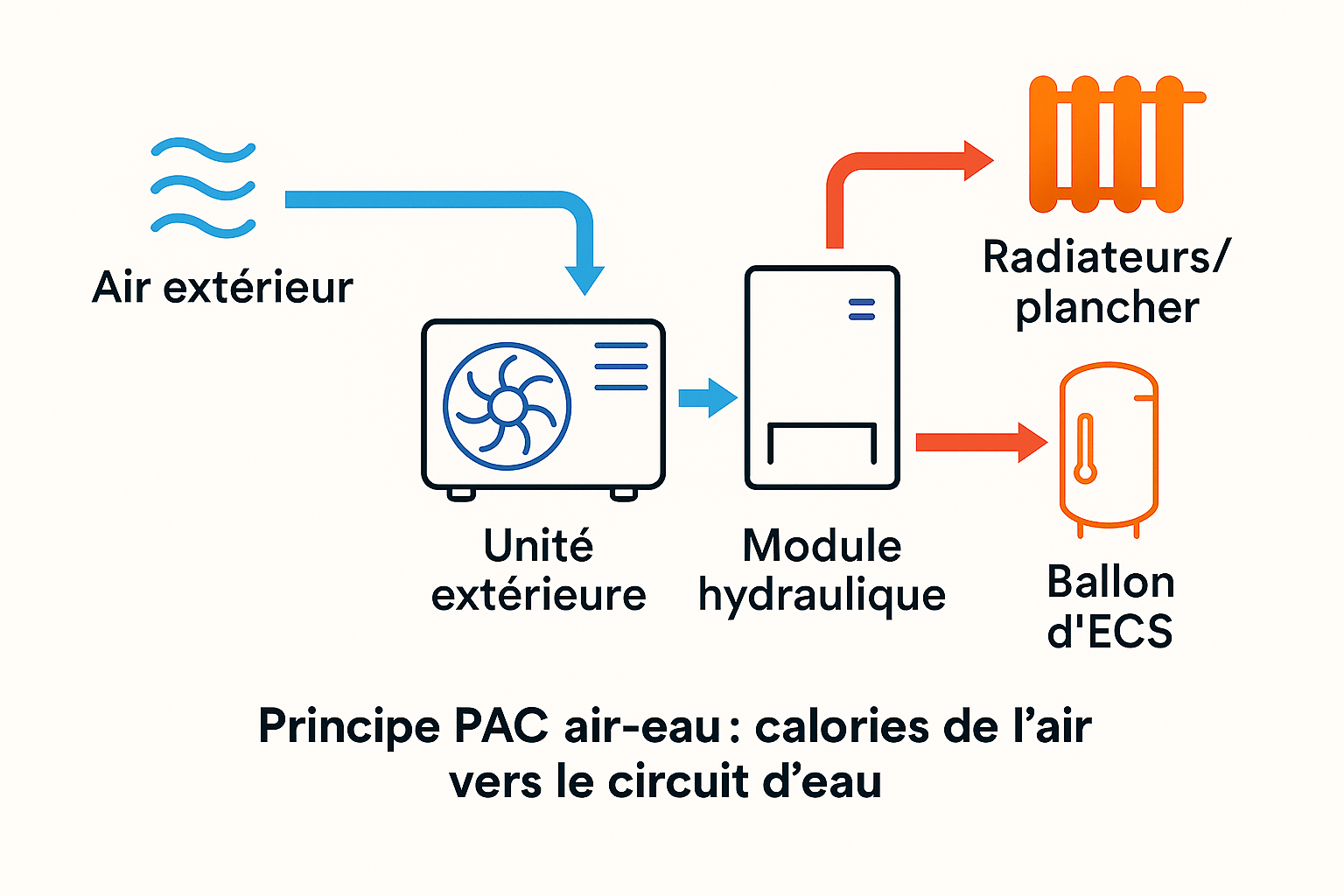 Schéma PAC air-eau : air extérieur vers module hydraulique, radiateurs/plancher et ballon d’eau chaude sanitaire