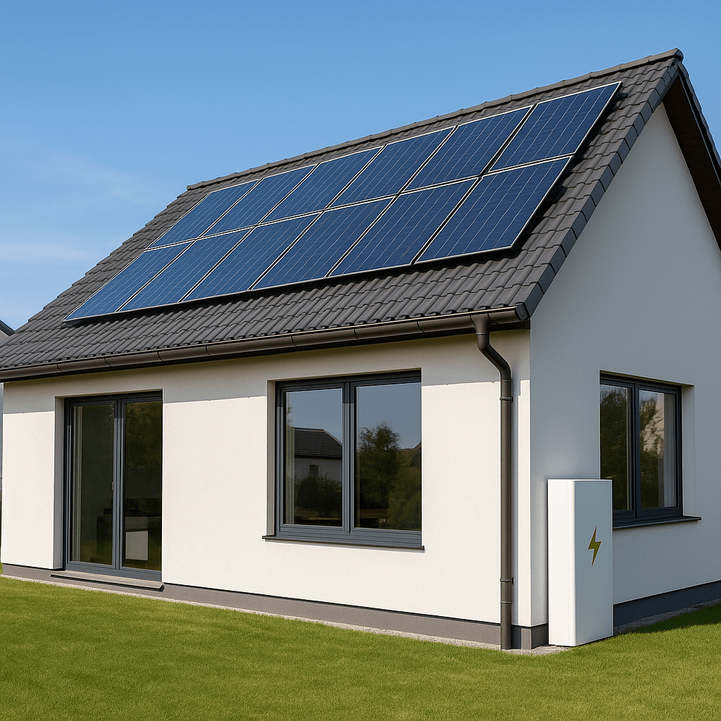 Maison équipée de panneaux photovoltaïques et batterie