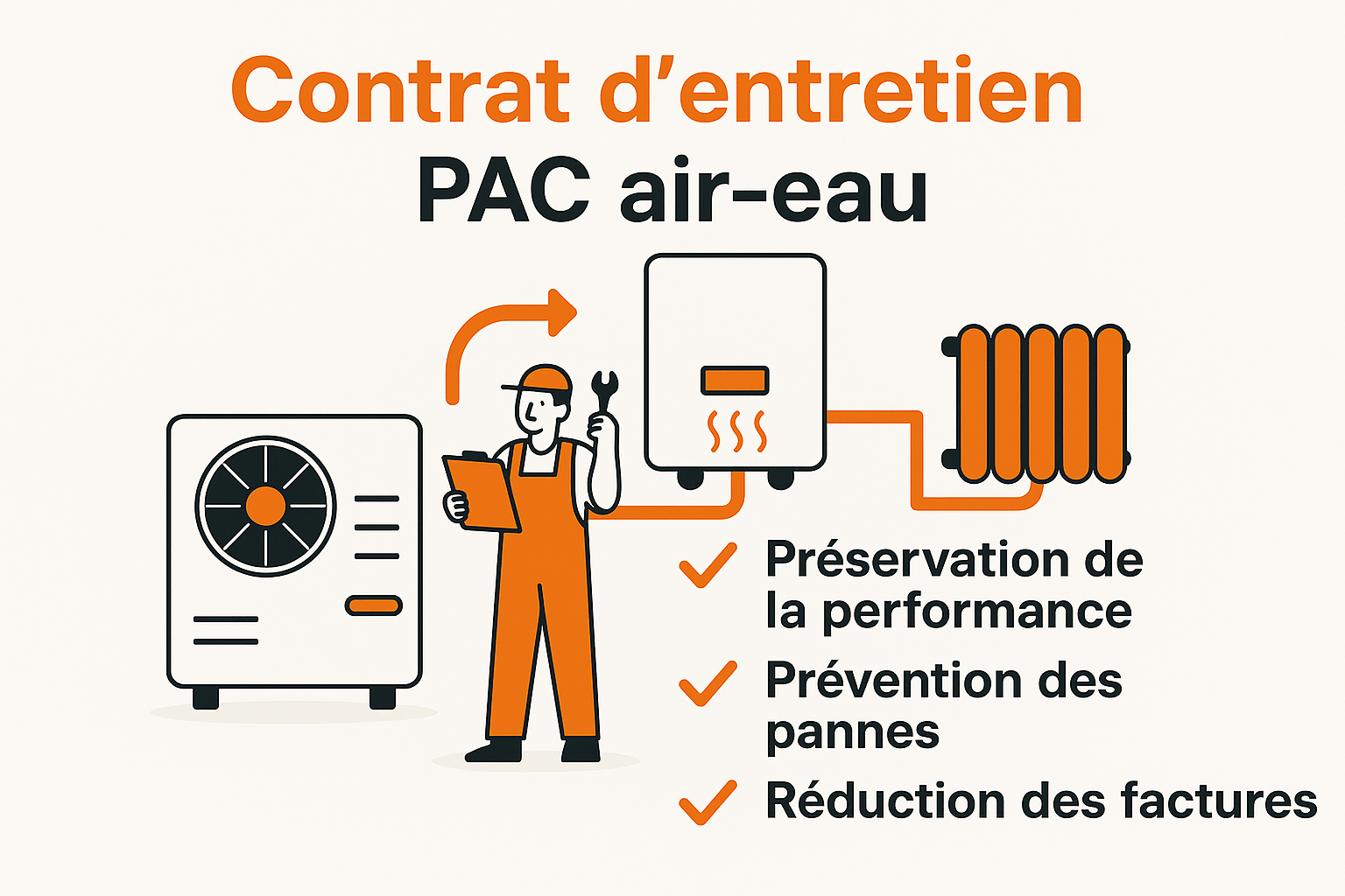 Infographie montrant les avantages du contrat d’entretien PAC air-eau : performance, prévention des pannes et réduction des factures