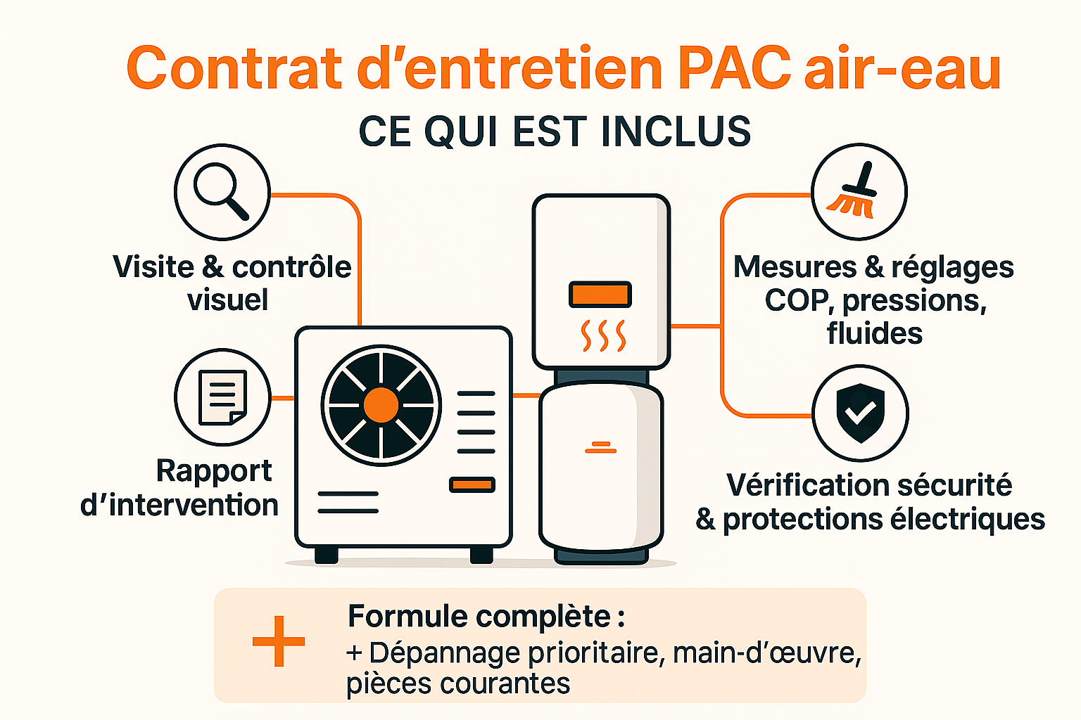 Infographie montrant les prestations incluses dans un contrat d’entretien PAC air-eau : visite, nettoyage, réglages, sécurité et rapport d’intervention