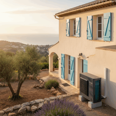 Pompe à chaleur air-eau installée à l’extérieur d’une maison provençale avec vue mer