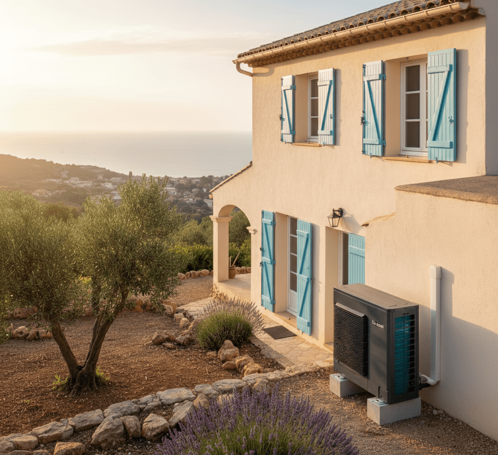 Pompe à chaleur air-eau installée à l’extérieur d’une maison provençale avec vue mer