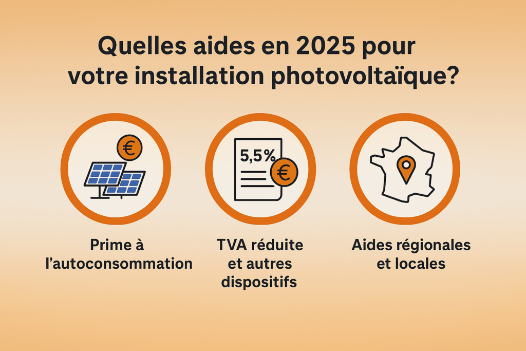 Infographie sur les aides 2025 pour l’installation photovoltaïque, illustrant la prime à l’autoconsommation, la TVA réduite et les aides régionales.