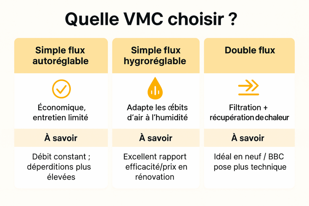 Comparatif visuel des différents systèmes de VMC : simple flux autoréglable, hygroréglable et double flux, par Innovasun.
