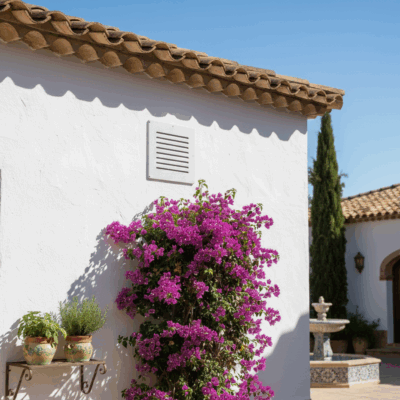 Grille de ventilation extérieure de VMC sur une maison du sud entourée de bougainvilliers.