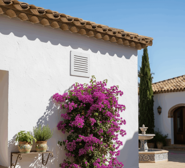 Grille de ventilation extérieure de VMC sur une maison du sud entourée de bougainvilliers.