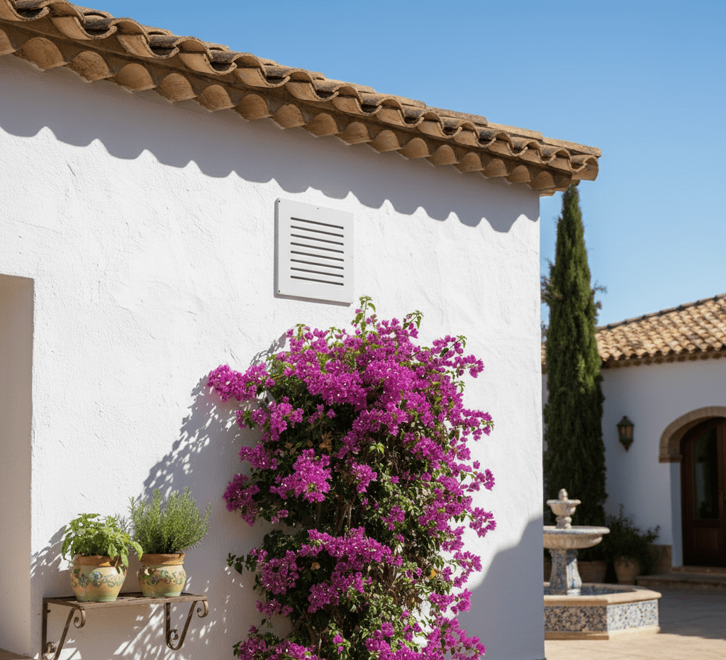 Grille de ventilation extérieure de VMC sur une maison du sud entourée de bougainvilliers.