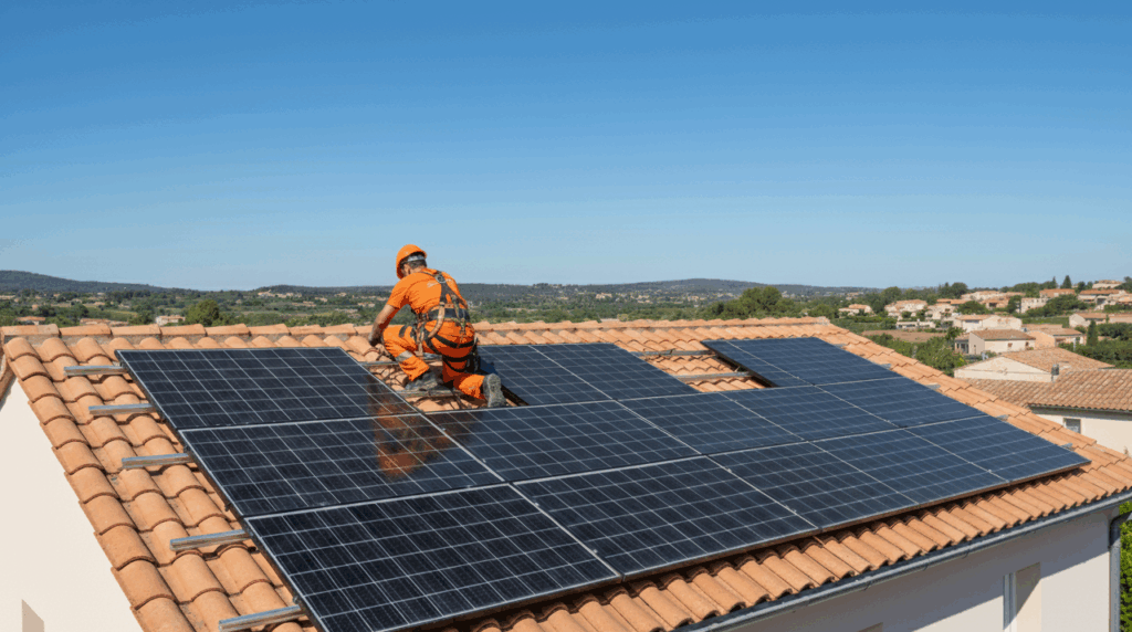 Technicien en tenue orange posant des panneaux solaires sur un toit en tuiles dans le Var
