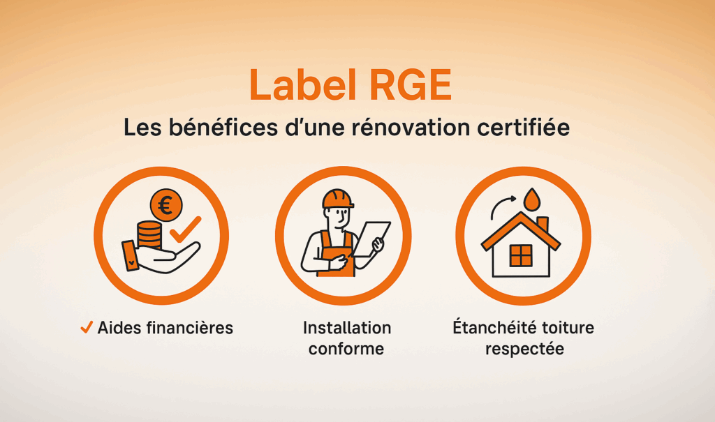 Infographie sur les bénéfices du label RGE avec trois icônes représentant les aides financières, la conformité d’installation et l’étanchéité de la toiture