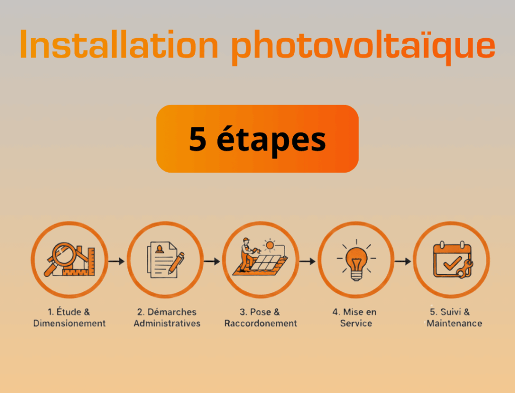 Infographie des 5 étapes d’une installation photovoltaïque réalisée par une entreprise RGE