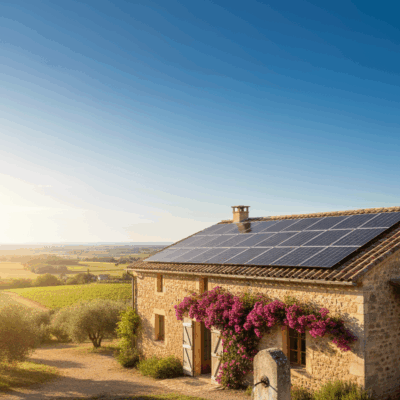 Maison provençale en pierre avec panneaux solaires sur le toit au coucher du soleil