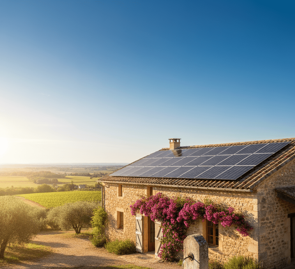 Maison provençale en pierre avec panneaux solaires sur le toit au coucher du soleil