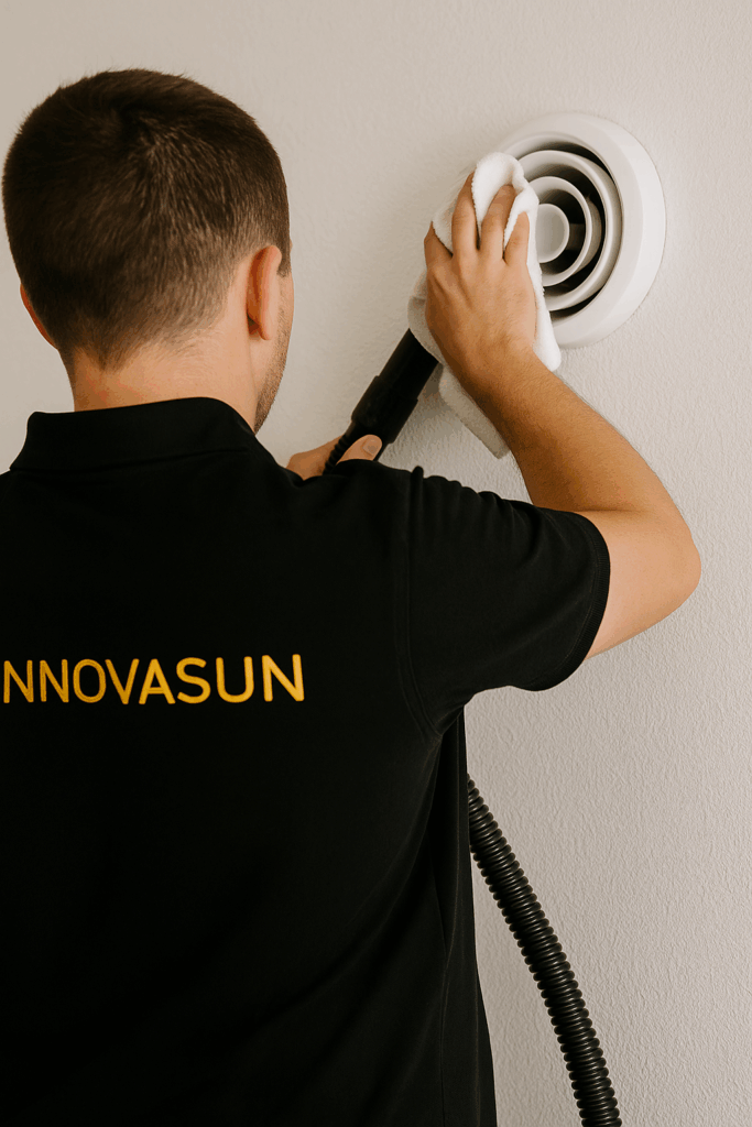 Technicien Innovasun nettoyant une bouche de VMC murale pour assurer une bonne ventilation intérieure.