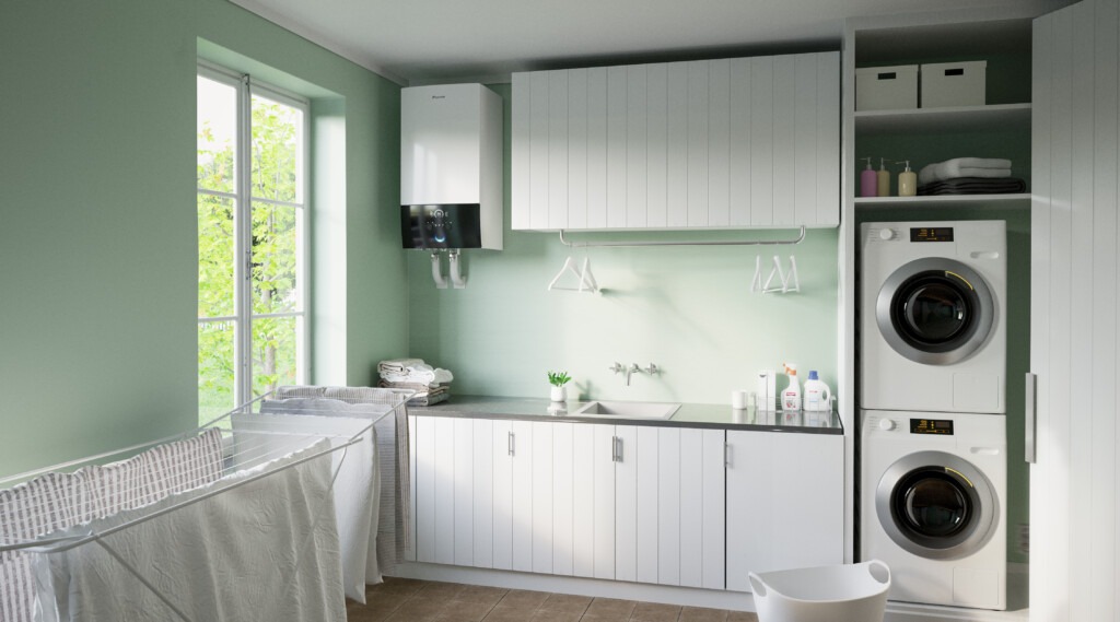 Pompe à chaleur air/eau Daikin Altherma installée dans une buanderie moderne – remplacement de chaudière fioul par une PAC Innovasun