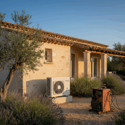 Pompe à chaleur air/eau installée devant une maison provençale – ancienne chaudière fioul démontée à côté – remplacement complet Innovasun
