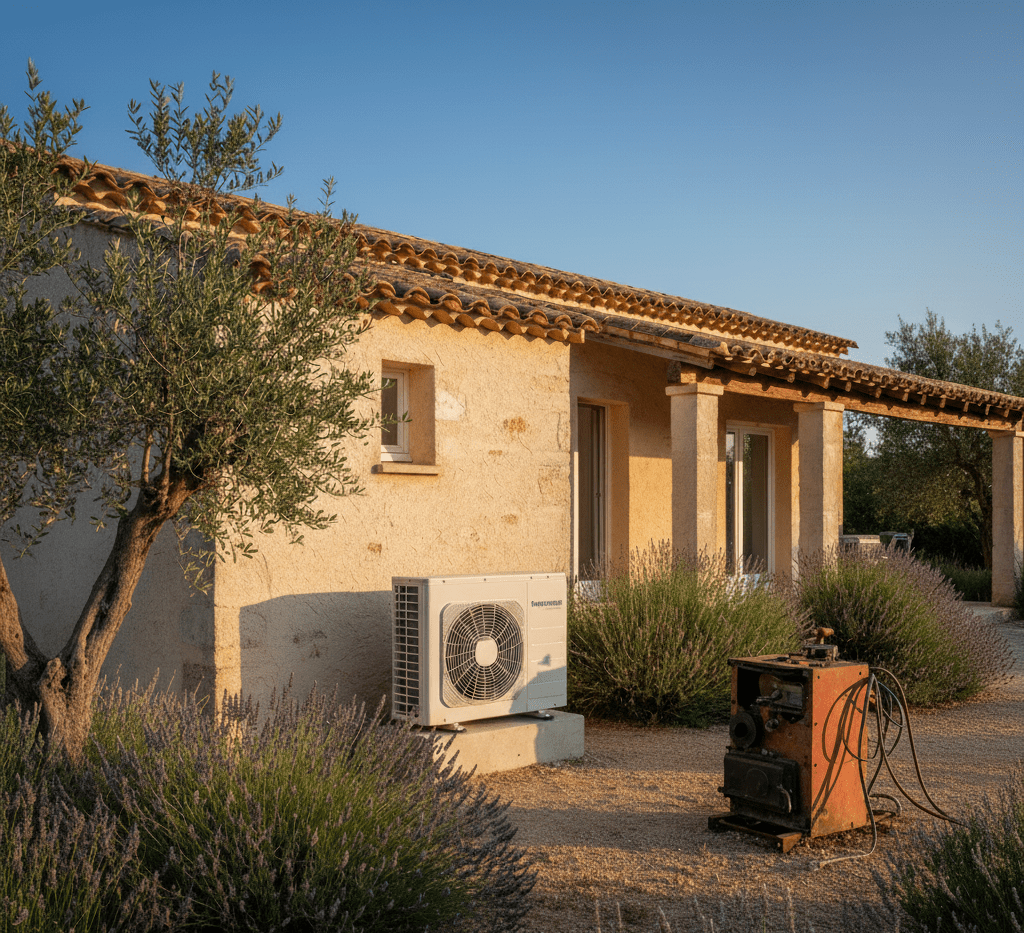 Pompe à chaleur air/eau installée devant une maison provençale – ancienne chaudière fioul démontée à côté – remplacement complet Innovasun