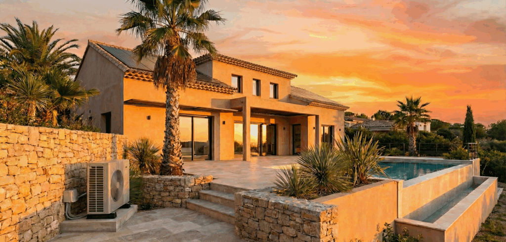 Unité extérieure de pompe à chaleur installée devant une maison provençale typique du Var