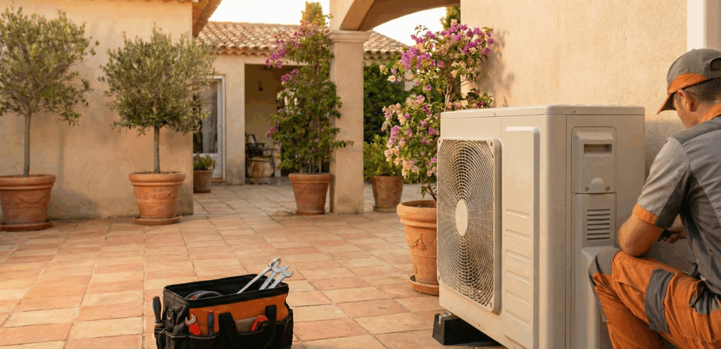 Technicien RGE installant une pompe à chaleur air-eau dans une maison du Var