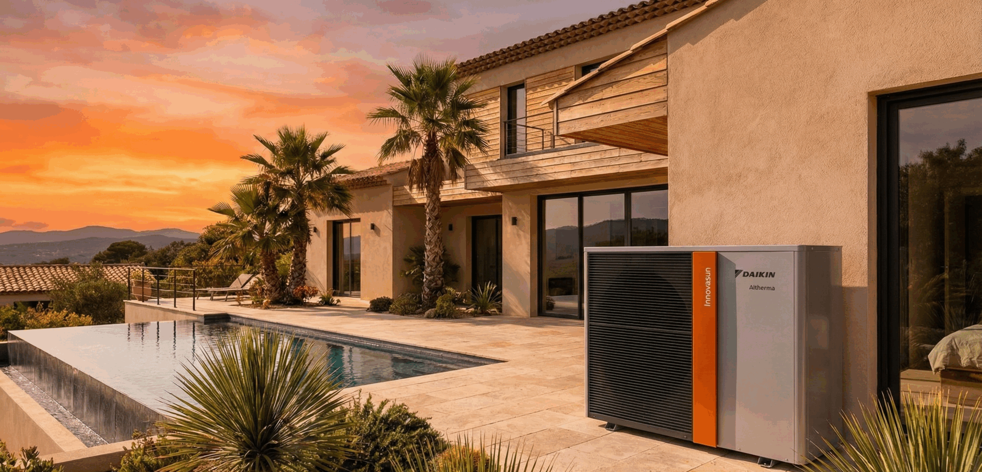 Pompe à chaleur extérieure installée dans une villa moderne du Var au coucher de soleil