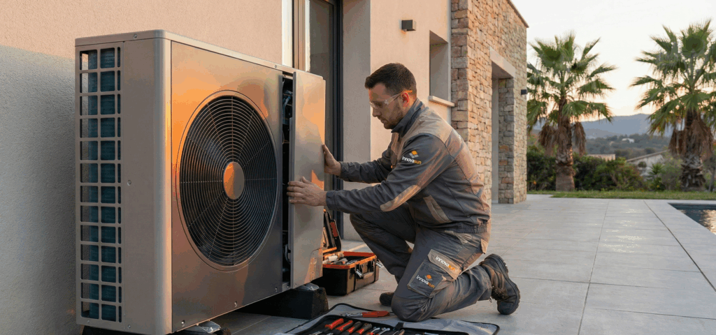 Technicien Innovasun vérifiant une pompe à chaleur extérieure dans une maison du Var