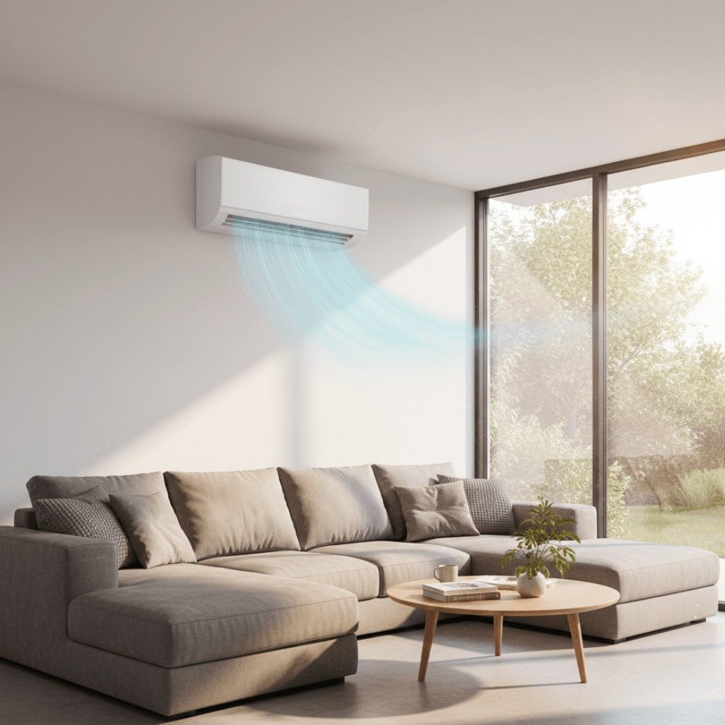 Unité intérieure de climatisation réversible diffusant de l’air frais dans un séjour moderne à Toulon