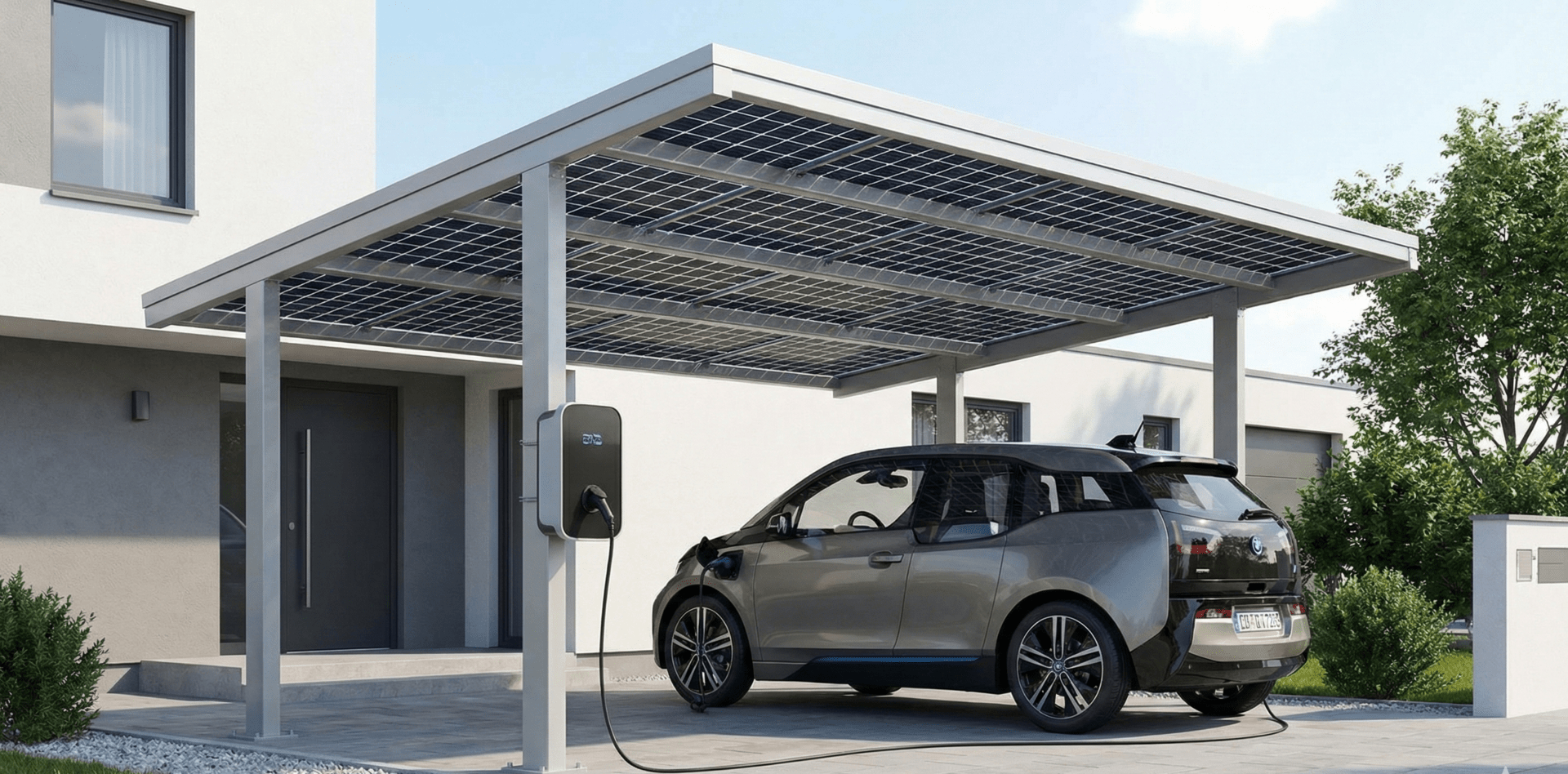 Carport photovoltaïque moderne avec panneaux solaires intégrés