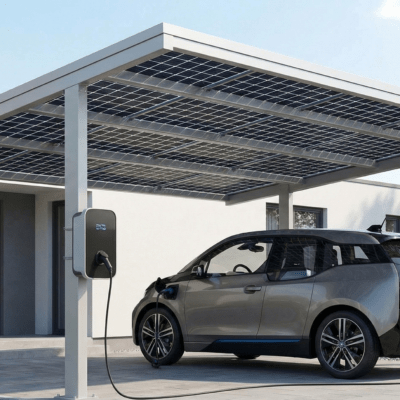 Carport photovoltaïque moderne avec panneaux solaires intégrés
