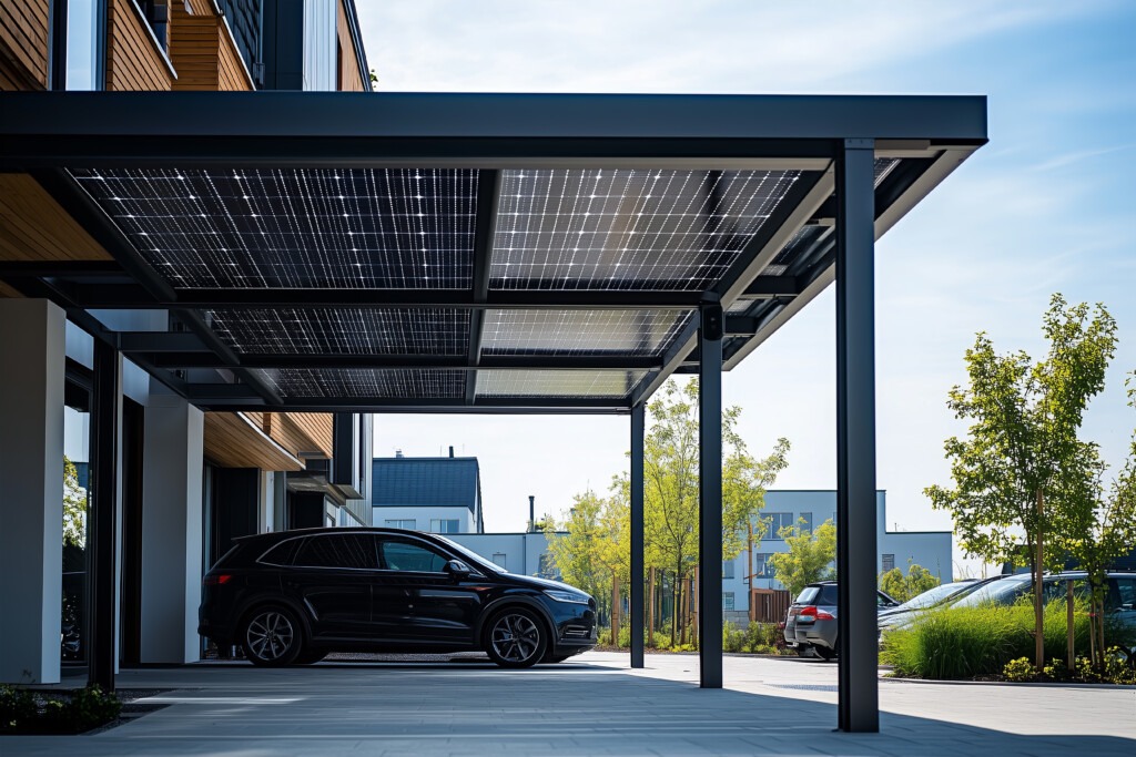 Carport solaire aluminium moderne avec panneaux photovoltaïques pour voiture électrique