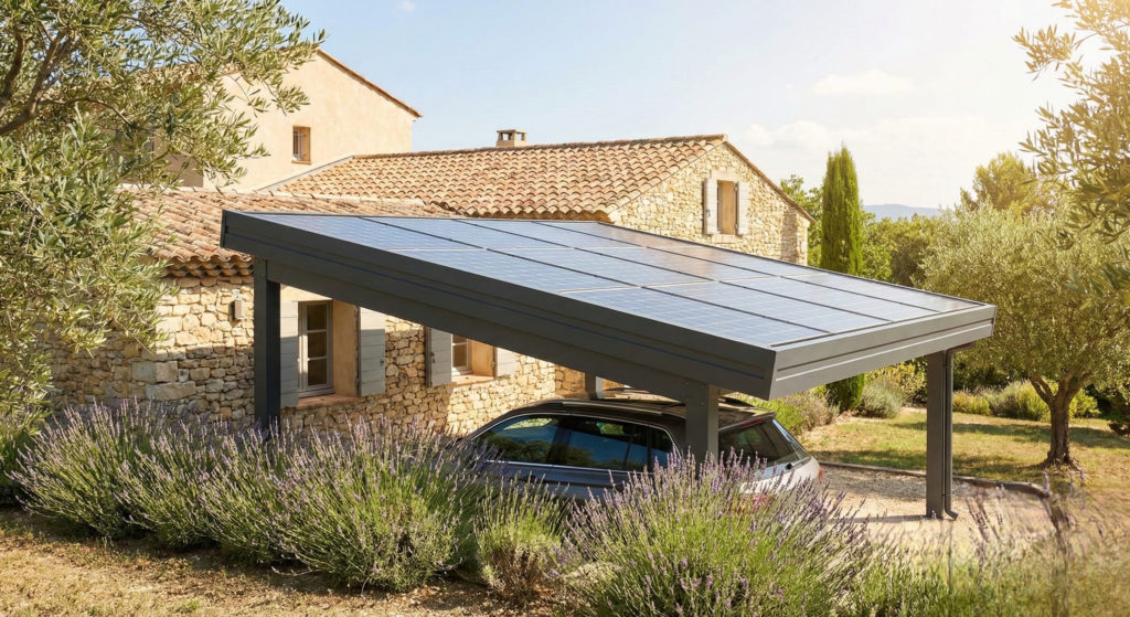 Carport solaire aluminium avec panneaux photovoltaïques devant une maison en Provence