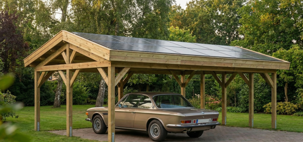Carport solaire en bois avec panneaux photovoltaïques pour une voiture