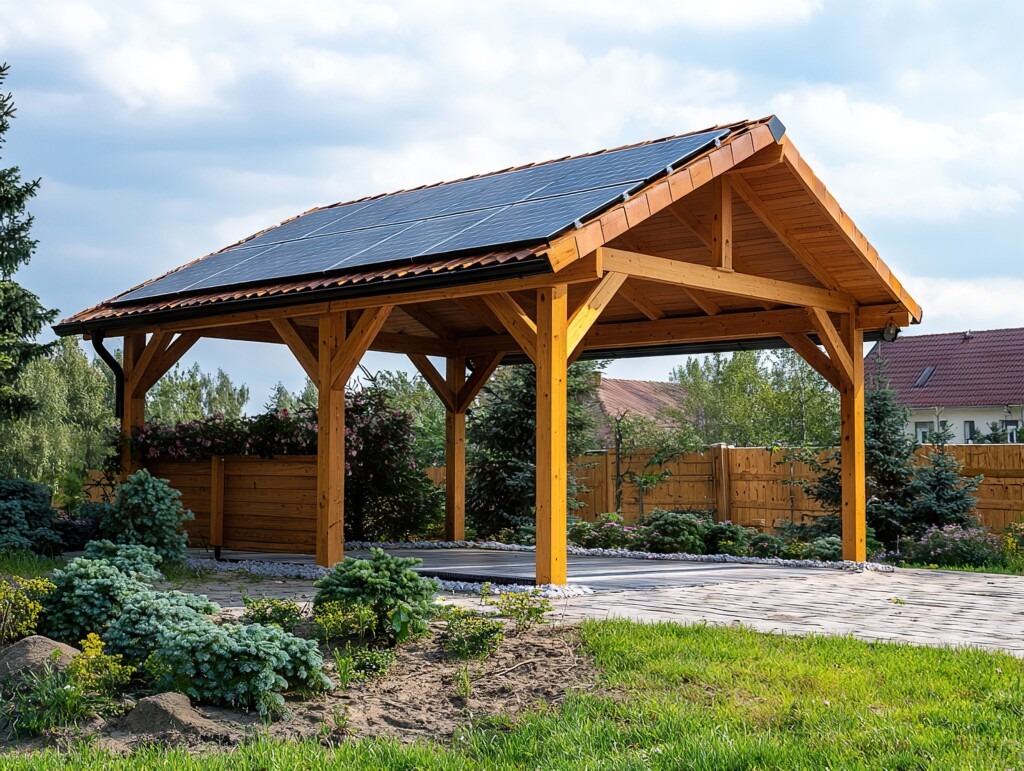 Carport solaire en bois avec panneaux photovoltaïques dans un jardin résidentiel