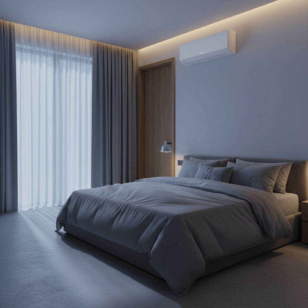 Chambre climatisée de nuit avec climatisation réversible murale silencieuse installée à Toulon