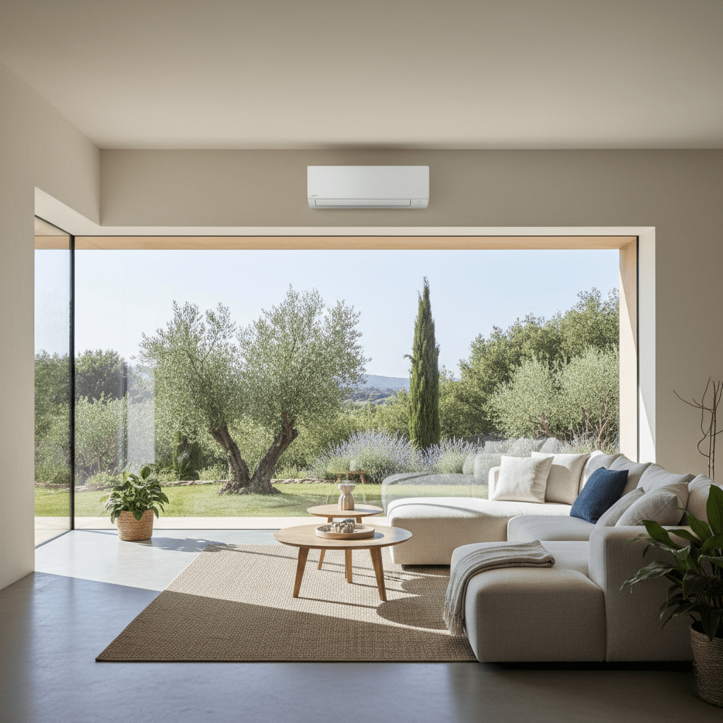 Salon lumineux équipé d’une climatisation réversible murale avec vue sur jardin dans une maison du Var