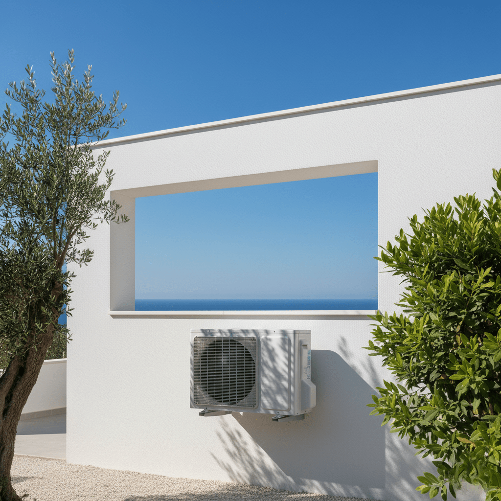 Unité extérieure de climatisation réversible fixée sur façade de maison en bord de mer dans le Var