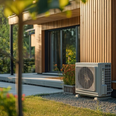 Pompe à chaleur air-eau installée à l’extérieur d’une maison moderne de 120 m² pour chauffage performant et économique