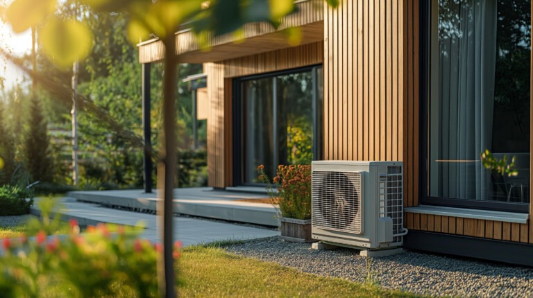 Pompe à chaleur air-eau installée à l’extérieur d’une maison moderne de 120 m² pour chauffage performant et économique