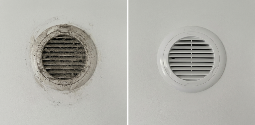 Comparaison d'une bouche d'extraction VMC ronde encrassée de poussière à gauche et propre après nettoyage à droite