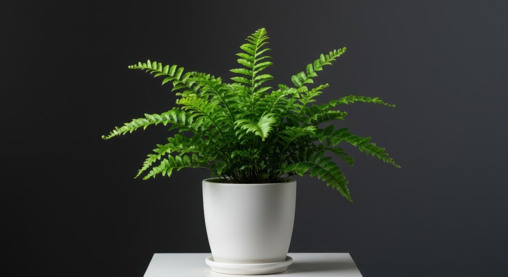 Fougère de Boston en pot utilisée comme plante dépolluante pour absorber légèrement l’humidité intérieure"