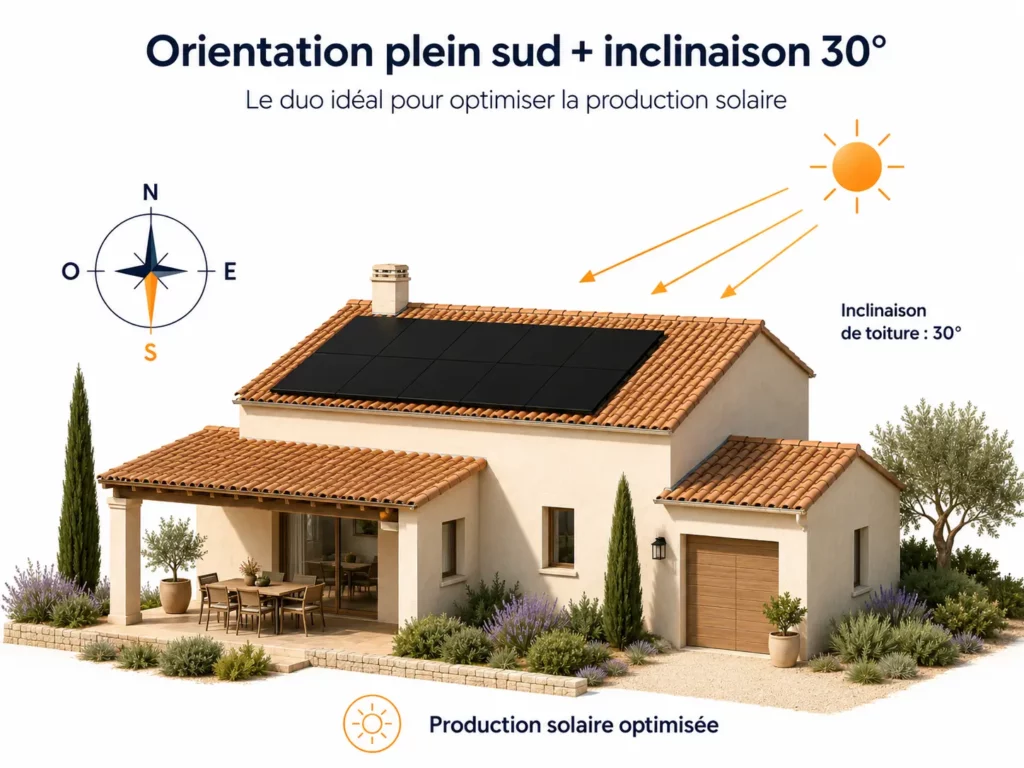 Schéma de l'orientation plein sud et de l'inclinaison à 30 degrés pour optimiser la production solaire