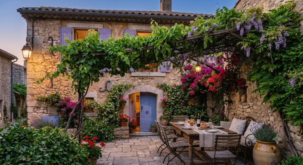 Treille de vigne ombrageant la façade sud d'une maison méditerranéenne