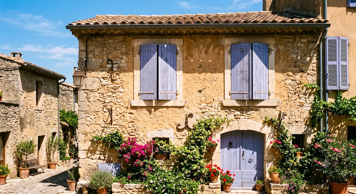 Volets fermés sur une façade provençale en plein été dans le Var