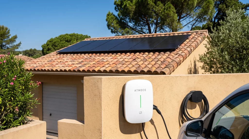 Borne de recharge électrique raccordée à une installation photovoltaïque dans le Var, posée par Innovasun