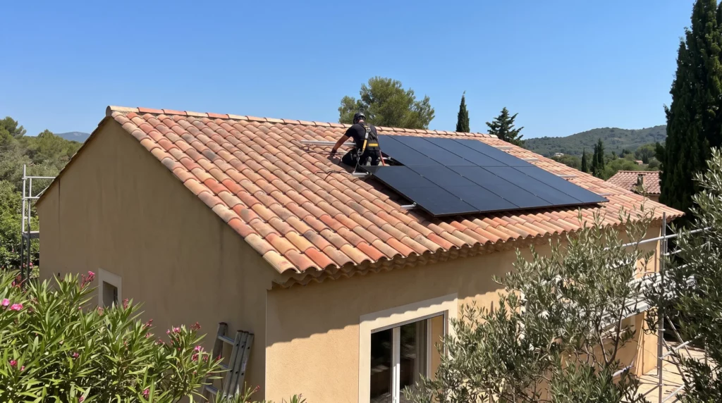 Pose de panneaux photovoltaïques Jinko certifiés bas carbone sur une toiture en tuiles à Hyères