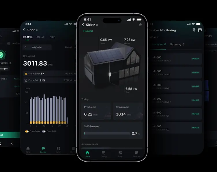 Application ATMOZEN : production, consommation et liste des micro-onduleurs MI-500 d'une installation Atmoce